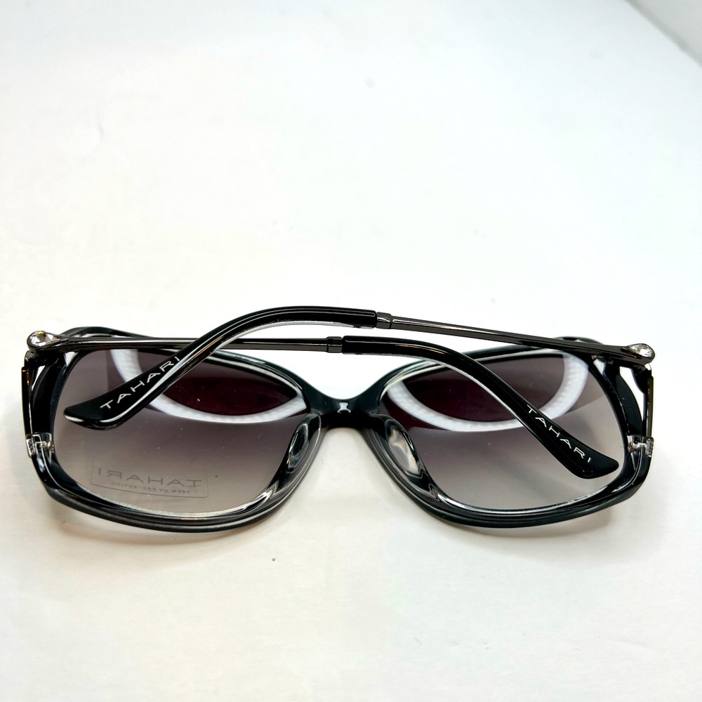 TAHARI 100% UV PROTECTION SUNGLASSES,  2 TONE FRAME, GREY&CLEAR W/CRYSTAL TEAR - Picture 10 of 10